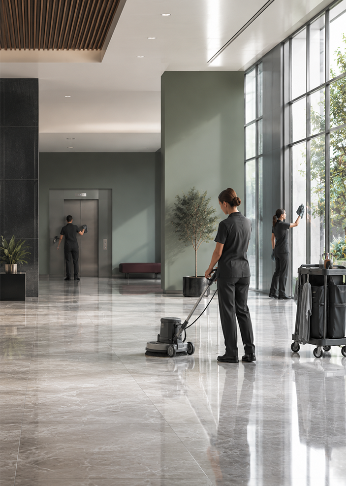 Reinigungskräfte bei der Lobby-Reinigung in einem modernen Bürogebäude